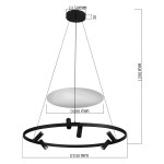 Lampa wisząca Almeria, czarna, z sześcioma diodami LED (18W). Okrągła podstawa o średnicy 700 mm, dolna część w kształcie elipsy o średnicy 400 mm, zawieszona na cienkich linkach. Wysokość 1200 mm, minimalistyczny design.
