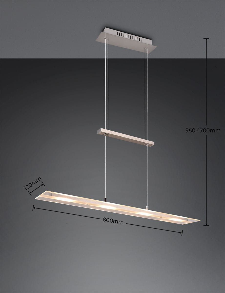 Lampa wisząca Milos 4xLED/20W w kolorze niklowym, o wymiarach 800mm długości i 120mm szerokości, zawieszona na regulowanych linkach (950-1700mm). Prosty, nowoczesny design z prostokątnym kloszem. Tło jednolite, szare.