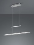 Lampa wisząca Milos z czterema diodami LED o mocy 20W, w kolorze niklowym. Prosty, podłużny kształt, zawieszona na przezroczystych linkach. Ujęcie frontalne, na jednolitym tle, ukazujące zarówno górną, jak i dolną część lampy.