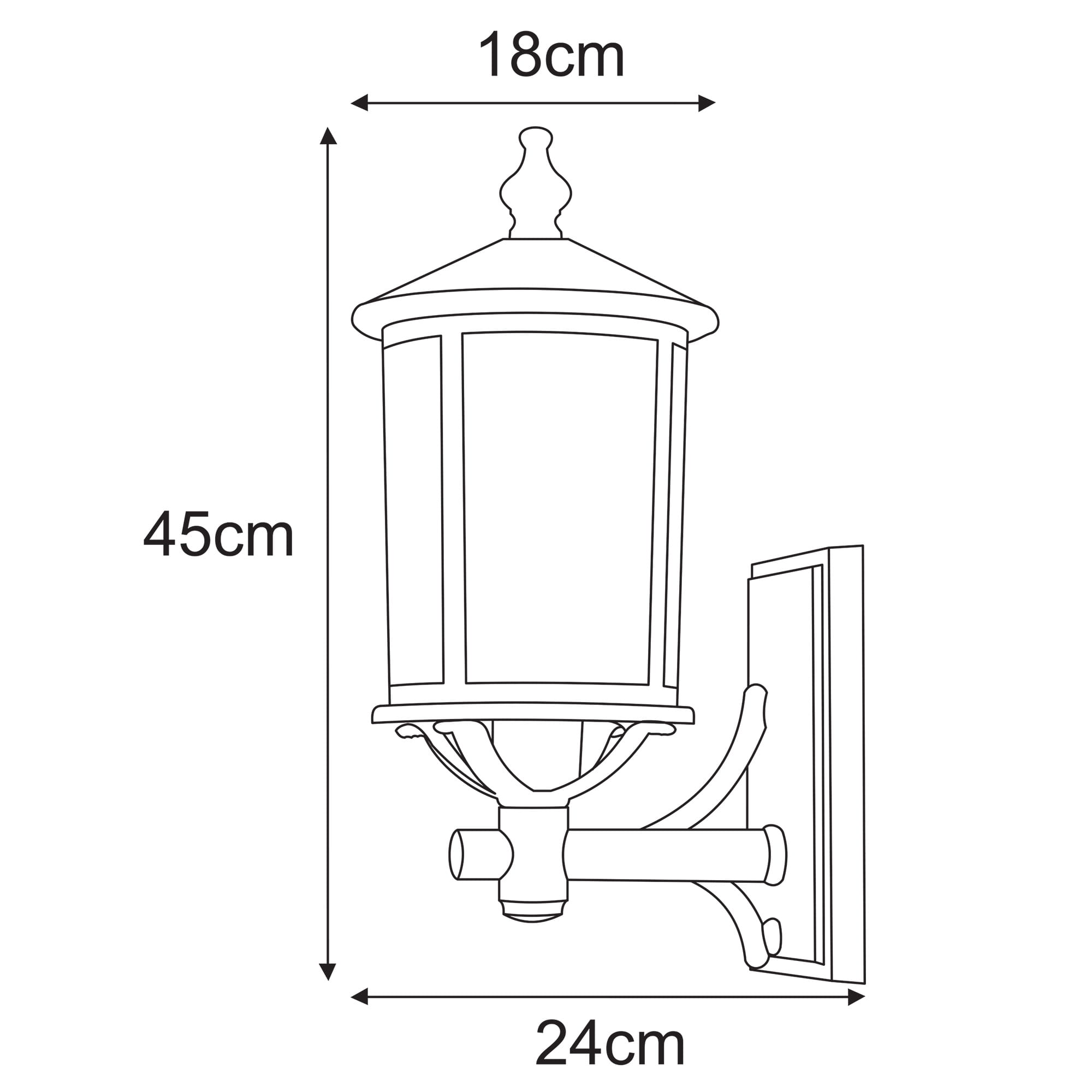 Kinkiet elewacyjny Detroit w kolorze czarnym, z metalową obudową. Wymiary: wysokość 45 cm, szerokość 24 cm, głębokość 18 cm. Okrągły klosz z przezroczystym szkłem, montowany na ścianie. Przeznaczony do żarówki E27.