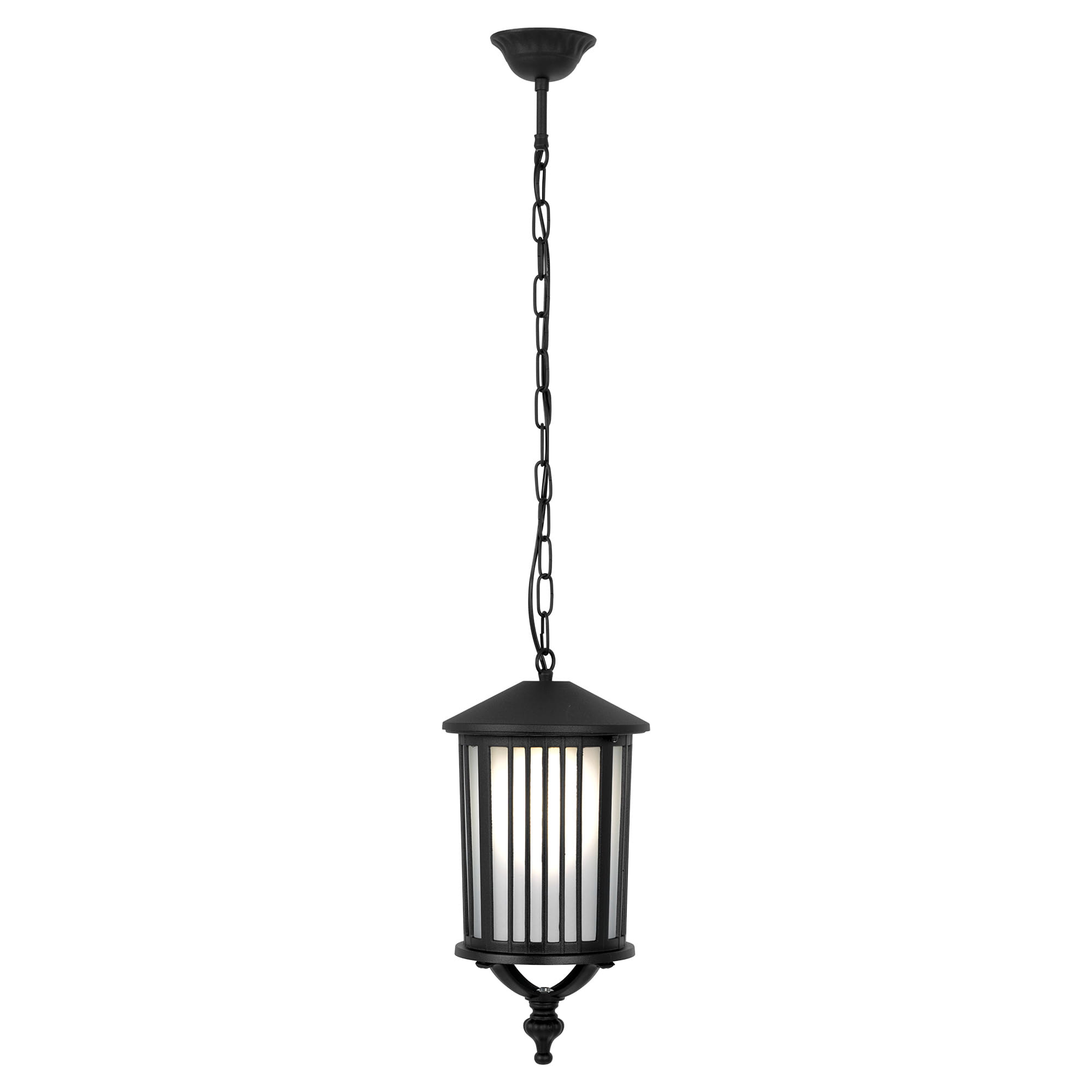 Czarna lampa wisząca Detroit z metalowym kloszem w formie ośmiokątnej, z przezroczystymi szczelinami, zawieszona na łańcuchu. Przeznaczona na jedną żarówkę E27. Prosta, elegancka konstrukcja, idealna do ogrodu lub na taras.