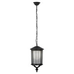 Czarna lampa wisząca Detroit z metalowym kloszem w formie ośmiokątnej, z przezroczystymi szczelinami, zawieszona na łańcuchu. Przeznaczona na jedną żarówkę E27. Prosta, elegancka konstrukcja, idealna do ogrodu lub na taras.