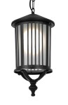 Lampa wisząca ogrodowa Detroit, czarna, z kloszem w pionowe paski. Przeznaczona na żarówkę E27, z metalową podstawą i dekoracyjnym mocowaniem. Zawieszona na łańcuchu, prezentuje elegancki styl, idealna do oświetlenia przestrzeni zewnętrznych.