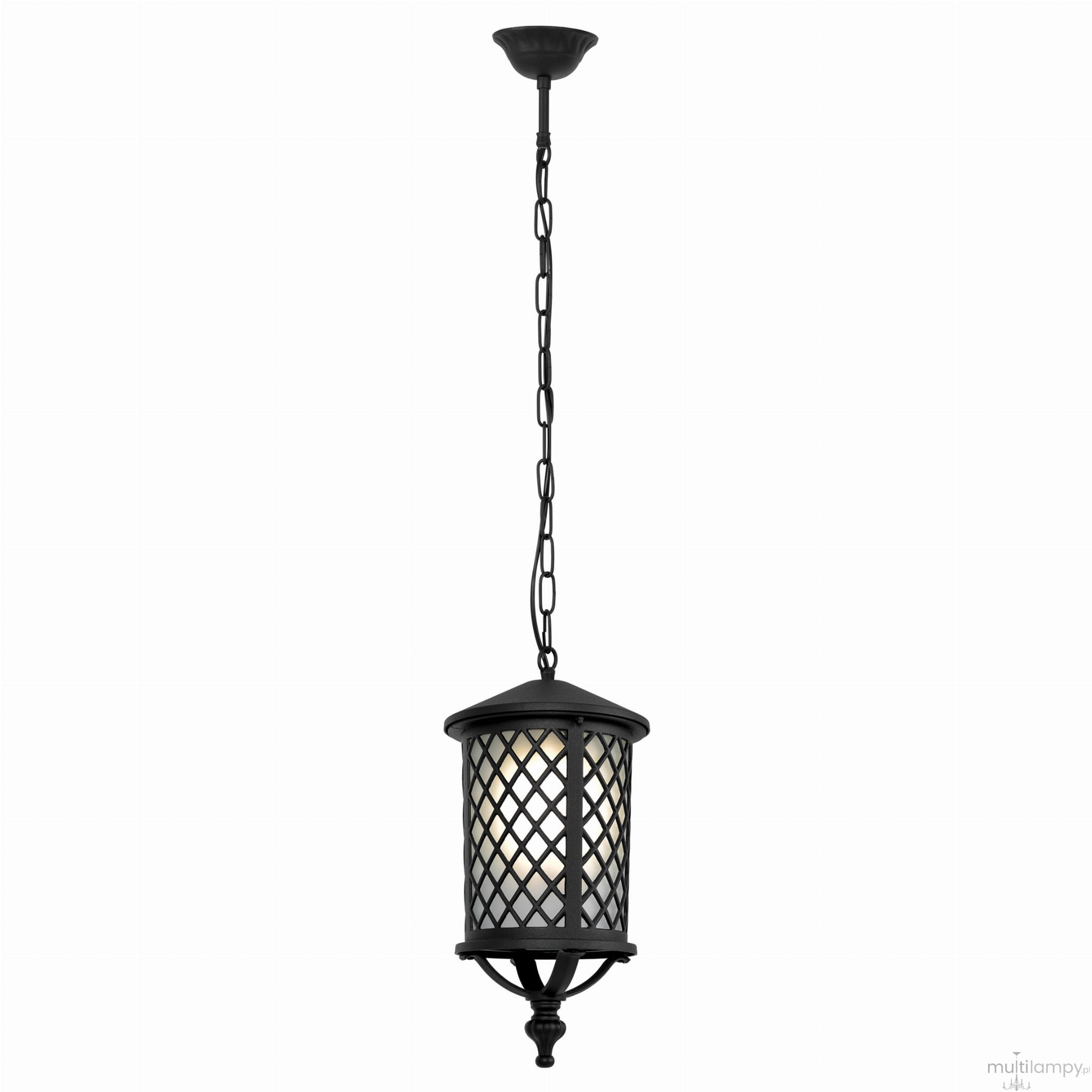 Czarna lampa wisząca ogrodowa Chicago z kloszem w kształcie cylindra, z siatką dekoracyjną i pojedynczym gniazdem E27. Zawieszona na łańcuchu, z płaskim mocowaniem sufitowym, idealna do użytku zewnętrznego.