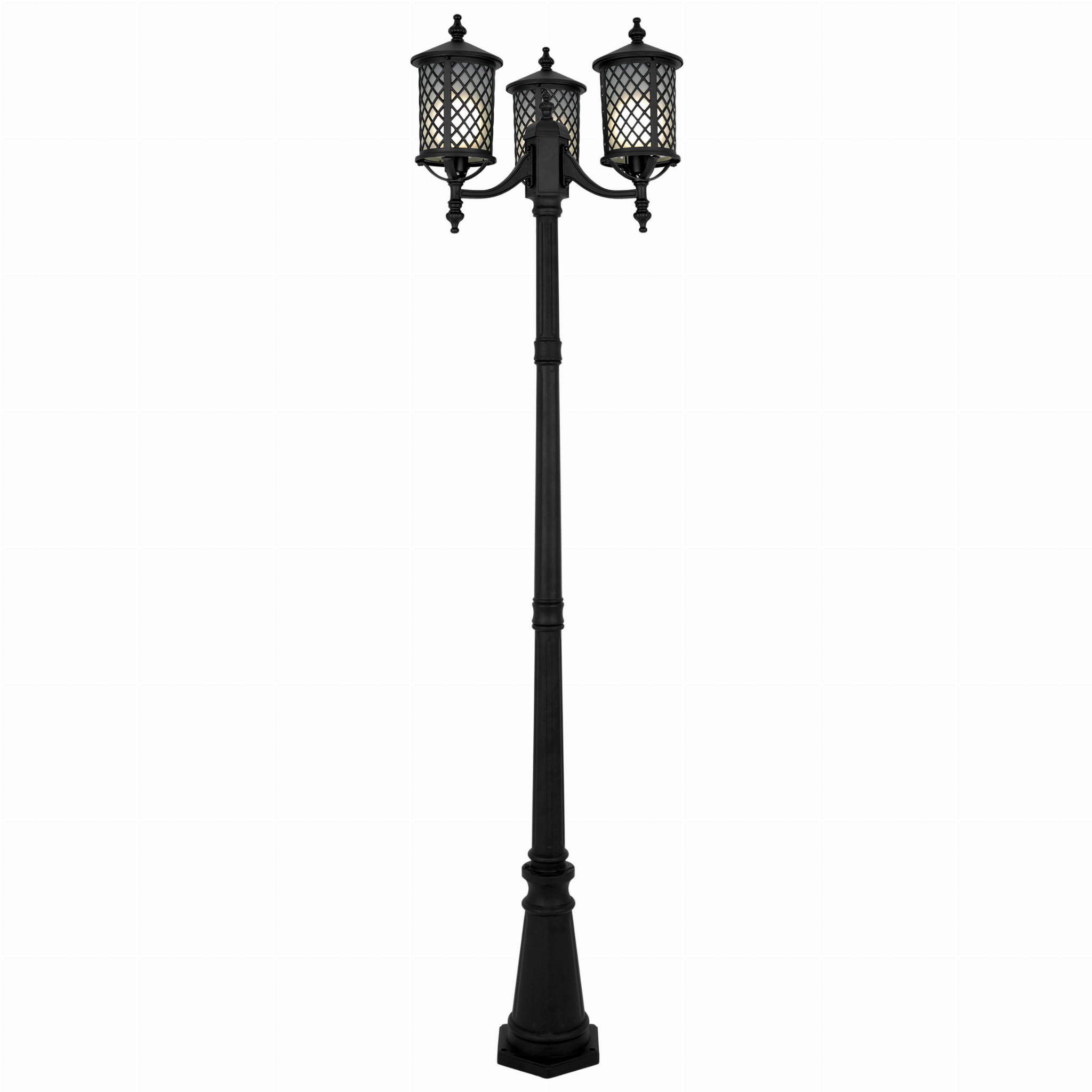 Czarna lampa stojąca ogrodowa Chicago z trzema kloszami E27. Wysoka, z ozdobnymi detalami i mocowaniem w formie kwadratowej podstawy. Klosze mają ażurowe wzory, co nadaje elegancki wygląd. Stoi w pozycji pionowej na jednolitym tle.
