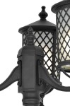 Czarna lampa stojąca ogrodowa Chicago z trzema oprawami E27. Posiada dekoracyjne klosze z matowego szkła, osadzone na ozdobnym stelażu z metalowymi detalami. Ujęcie z bliska, ukazujące detale konstrukcji i kształt lampy.