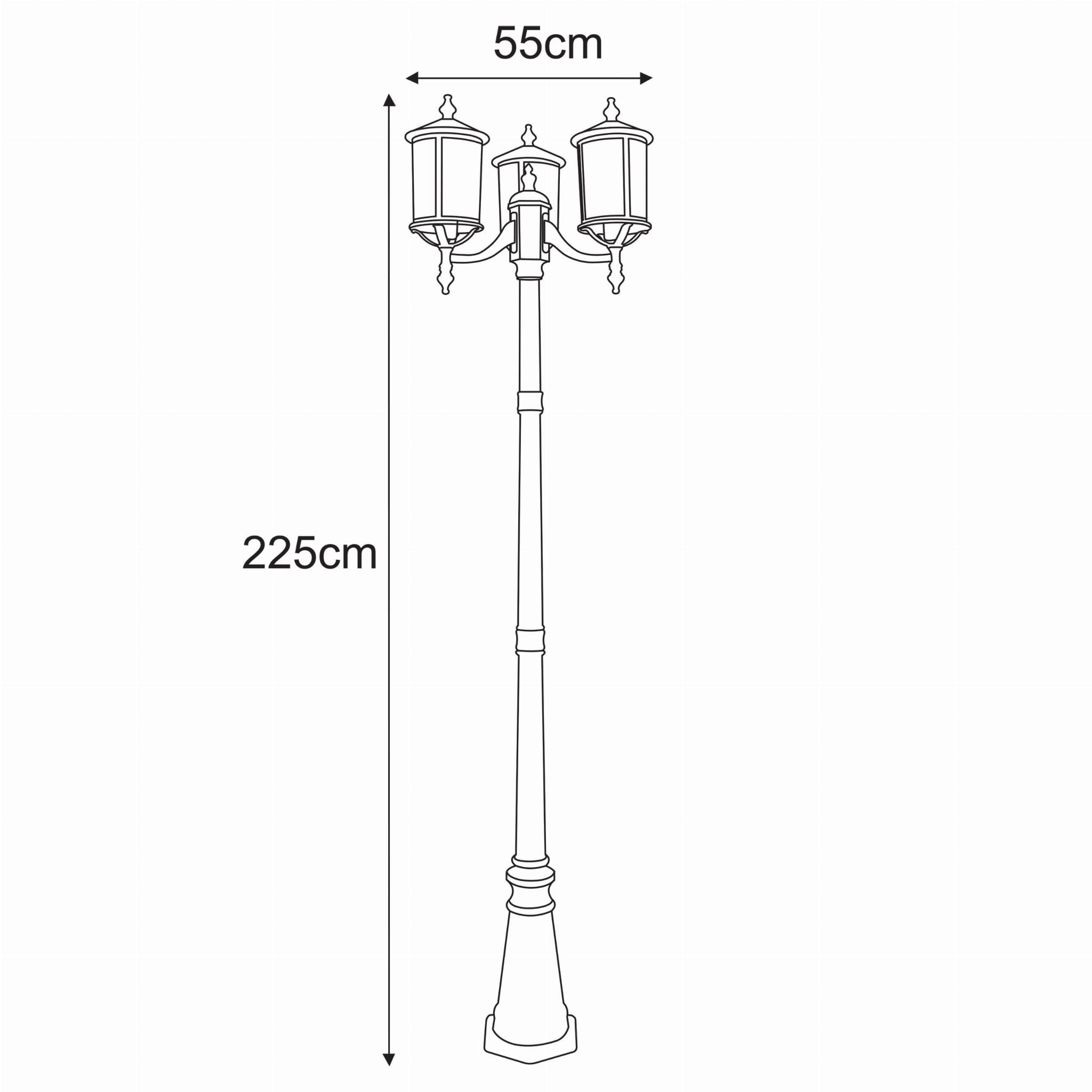 Lampa stojąca ogrodowa Chicago, czarna, z trzema oprawami E27. Wysokość 225 cm, szerokość 55 cm. Stylowy projekt z klasycznymi zdobieniami, idealna do oświetlenia przestrzeni na zewnątrz.