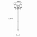 Lampa stojąca ogrodowa Chicago, czarna, z trzema oprawami E27. Wysokość 225 cm, szerokość 55 cm. Stylowy projekt z klasycznymi zdobieniami, idealna do oświetlenia przestrzeni na zewnątrz.