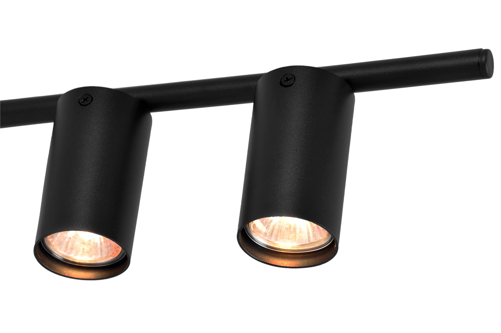 Lampa wisząca Rocco z pięcioma oprawami GU10 w kolorze czarnym. Produkt ma prosty, minimalistyczny design z metalową konstrukcją i okrągłymi kloszami. Ujęcie z boku ukazuje detale mocowania i wykończenia.