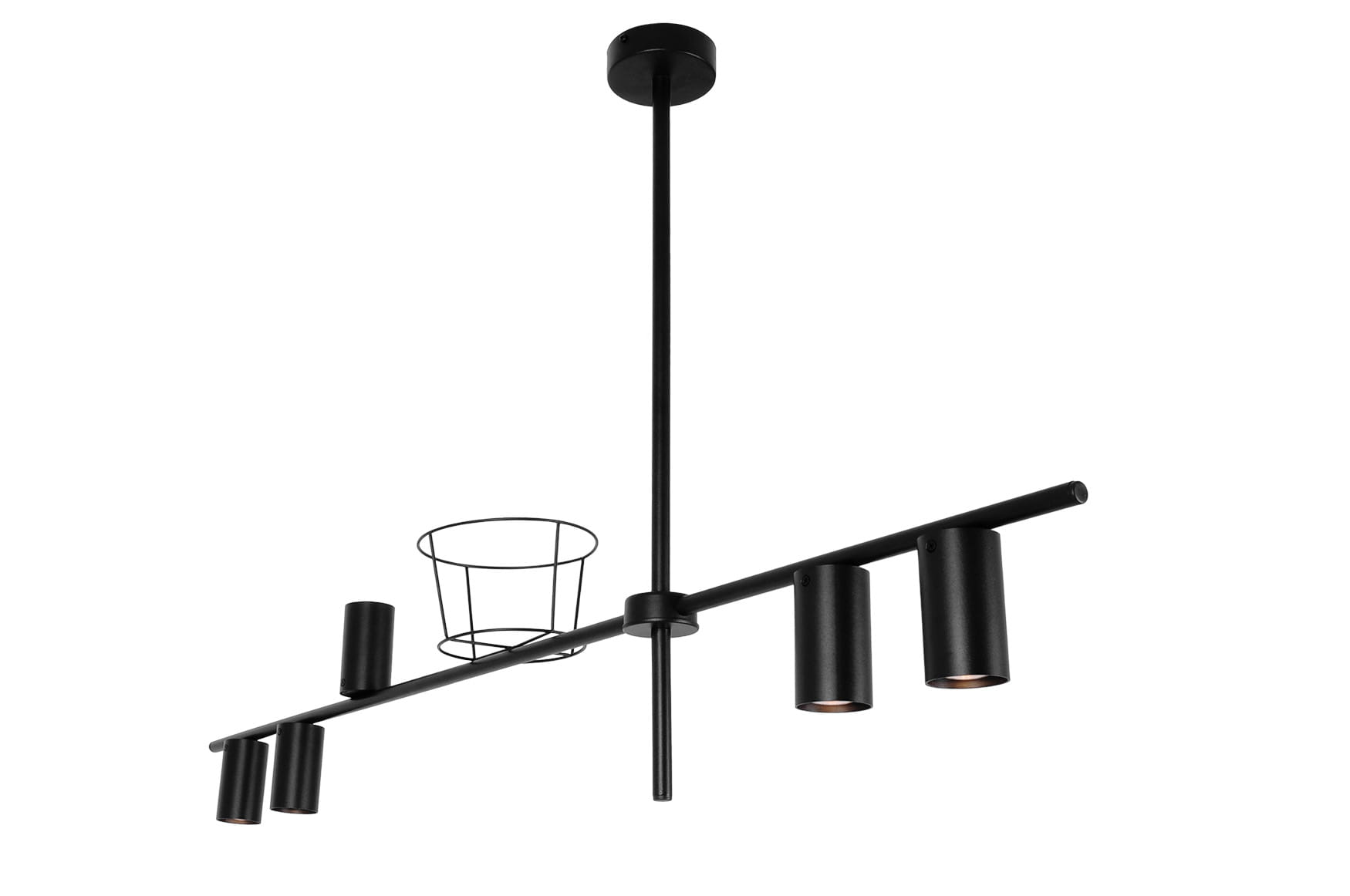 Lampa wisząca Rocco z pięcioma oprawami na żarówki GU10, w kolorze czarnym. Montowana na długim, prostym ramieniu z metalowymi kloszami w kształcie cylindrów. W centralnej części znajduje się dodatkowy, okrągły koszyk.
