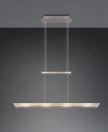 Lampa wisząca Milos z czterema diodami LED o mocy 20W, w kolorze niklowym. Ma prostokątny kształt z gładką, metalową obudową i jest zawieszona na przezroczystych linkach. Ujęcie frontalne, na jednolitym tle.