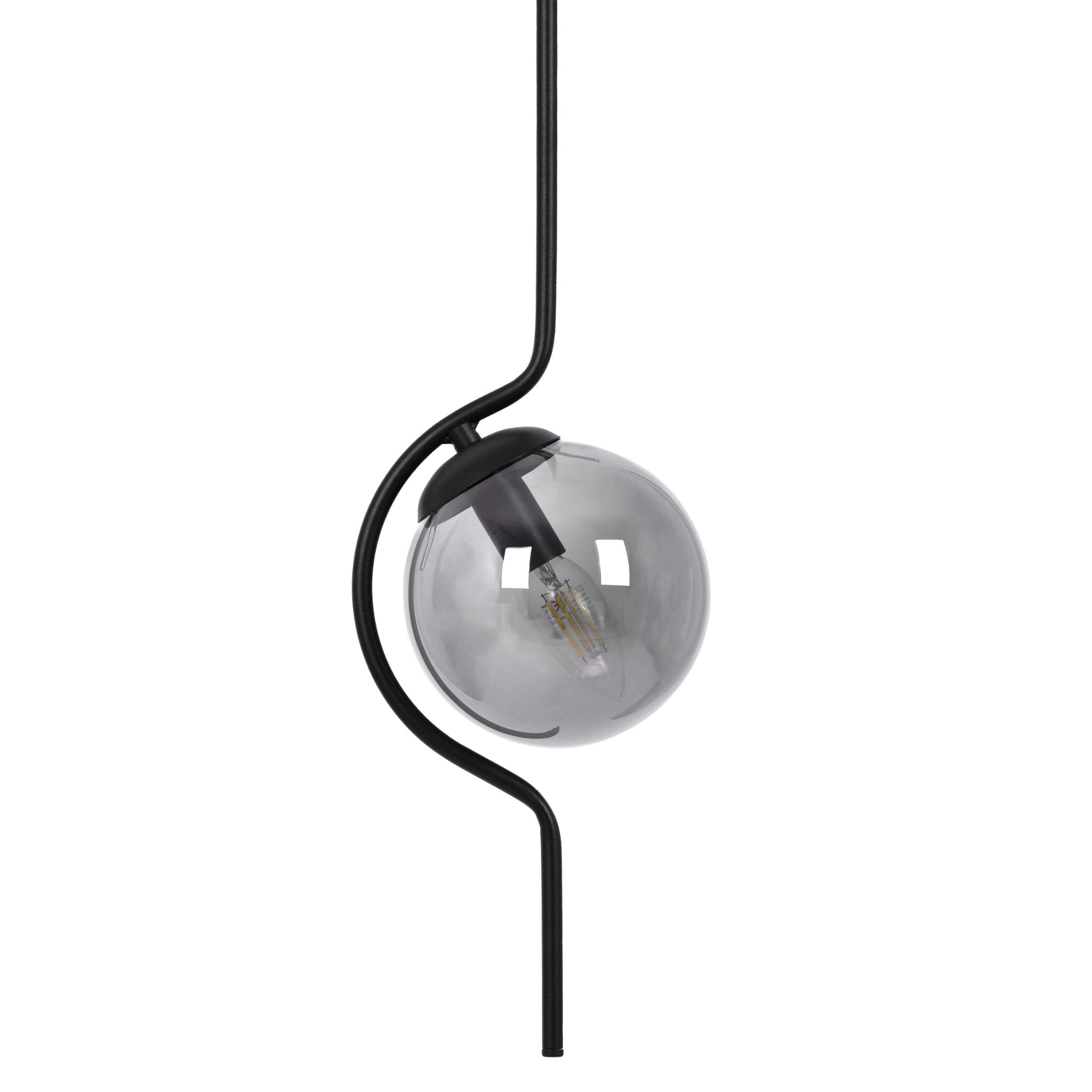 Lampa wisząca Neva z jedną oprawą E14, w kolorze czarnym i grafitowym. Szklana kula z przezroczystym wykończeniem, zawieszona na cienkim, zakrzywionym ramieniu. Widoczny detal żarówki wewnątrz. Prosta, nowoczesna forma.