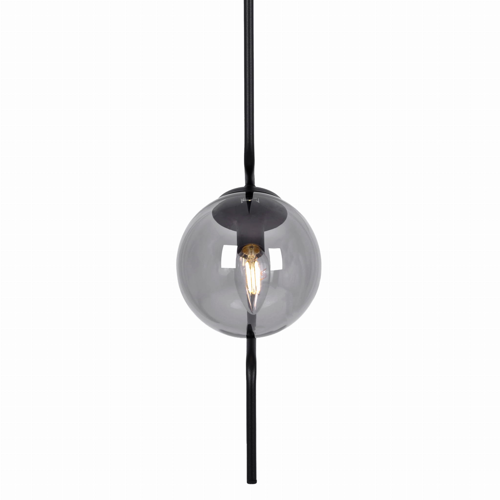 Lampa wisząca Neva 1xE14 w kolorze czarnym i grafitowym. Okrągła, przezroczysta klosz w odcieniu szarości z widoczną żarówką. Zawieszona na długim, czarnym przewodzie. Prosta, nowoczesna forma, idealna do różnych wnętrz.