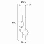 Lampa wisząca Neva w kolorze czarnym i grafitowym, z trzema oprawami na żarówki E14. Kształt: dwa okrągłe klosze zawieszone na cienkich linkach. Wymiary: wysokość 100 cm, średnica 30 cm, średnica podsufitki 20 cm, grubość 3 cm.