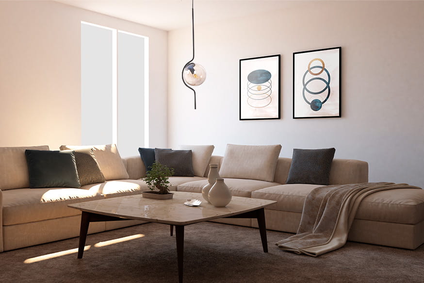 Lampa wisząca Vela z żarówką E14 w kolorze czarnym i bursztynowym, zawieszona w nowoczesnym wnętrzu. Produkt ma minimalistyczny, okrągły klosz i jest umieszczony nad stołem w jasnym salonie, z kanapą i dekoracjami w tle.