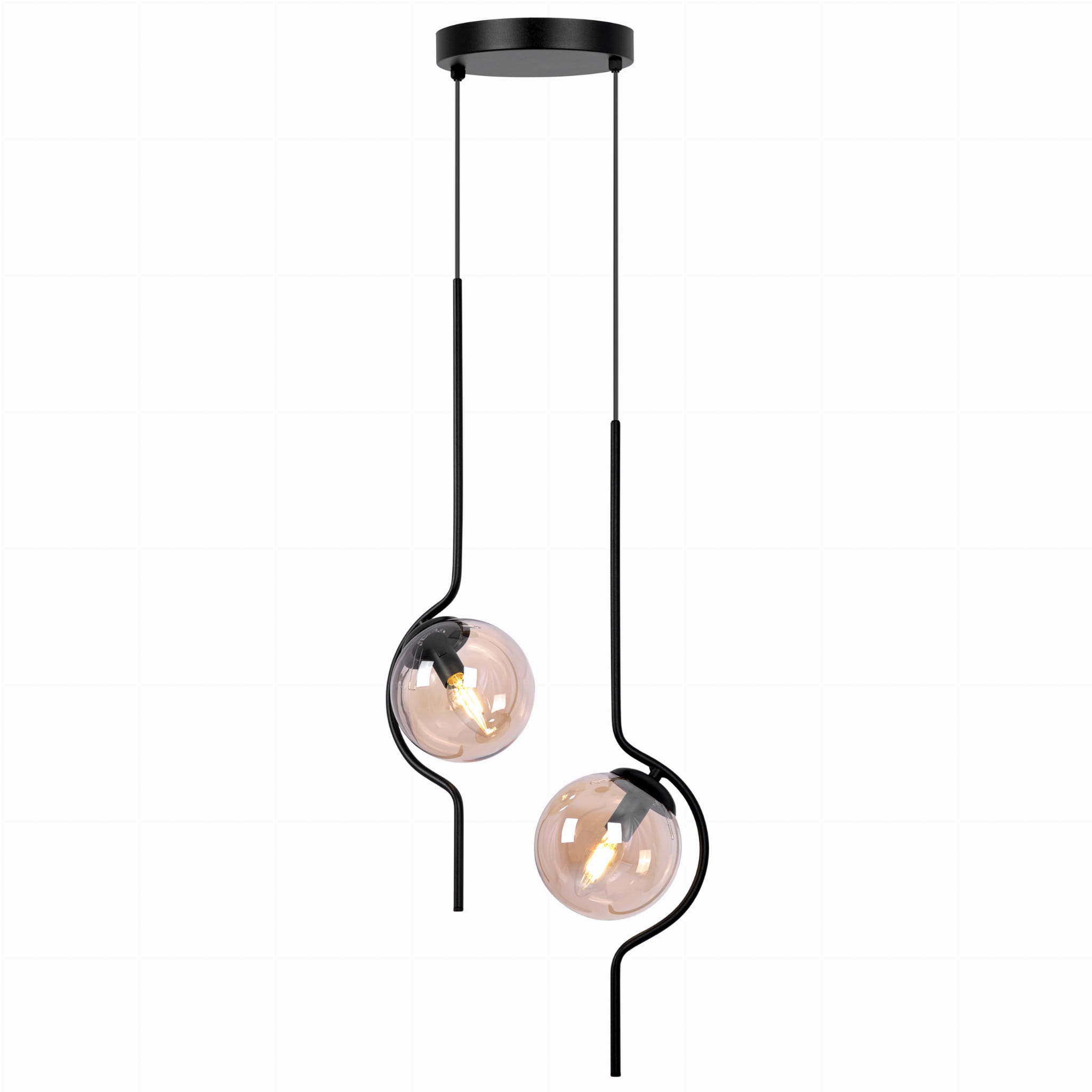 Lampa wisząca Vela z dwoma źródłami światła E14, w kolorze czarnym z bursztynowymi kloszami. Produkt zawieszony na cienkich linkach, z okrągłym, czarnym mocowaniem sufitowym. Klosze mają zaokrąglony kształt i przezroczystą fakturę.