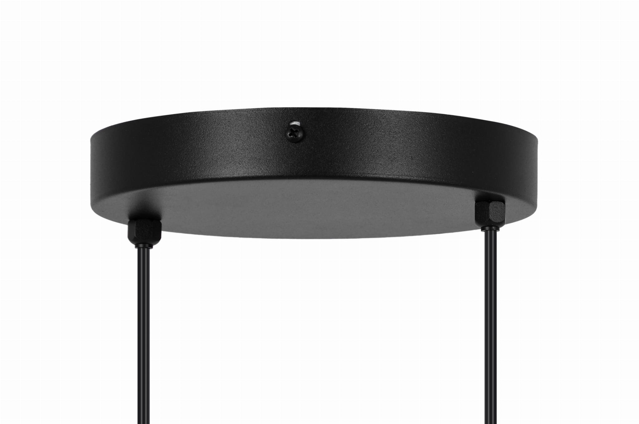 Czarna lampa wisząca Vela z dwoma gniazdami E14, z okrągłą, matową podstawą i dwoma cienkimi przewodami. Widok z dołu, ukazujący detal mocowania oraz teksturę materiału.
