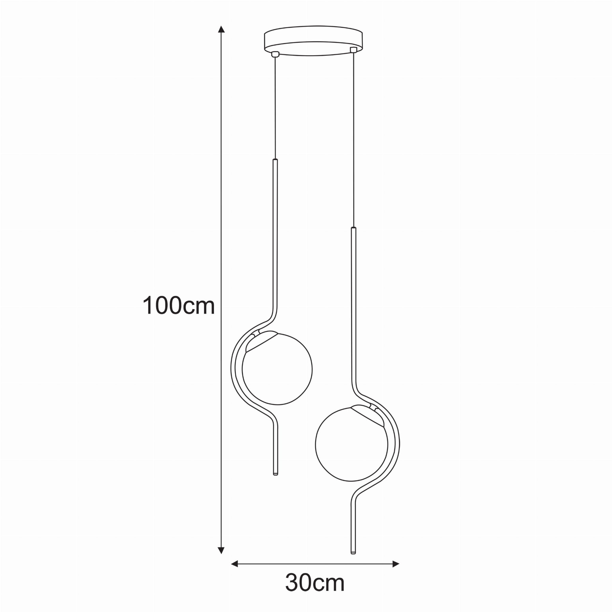 Lampa wisząca Vela z dwoma oprawami E14, w kolorze czarnym z bursztynowymi elementami. Ma nowoczesny kształt z dwoma okrągłymi kloszami, zawieszona na cienkich linkach o długości 100 cm, szerokość 30 cm. Idealna do stylowych wnętrz.
