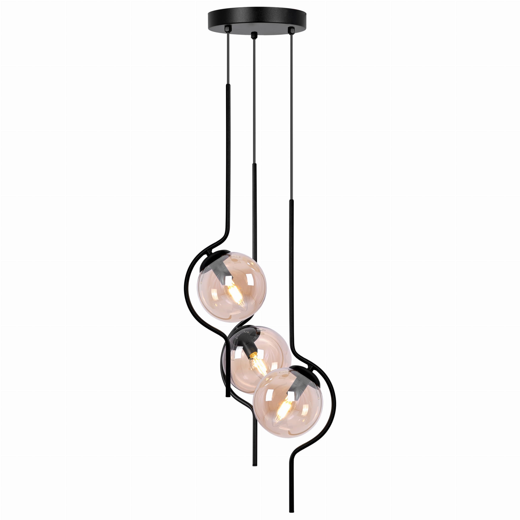 Lampa wisząca Vela z trzema oprawami E14, w kolorze czarnym, z bursztynowymi, szklanymi kulami. Produkt zawieszony na cienkich sznurach, z eleganckim, minimalistycznym designem, idealny do nowoczesnych wnętrz.