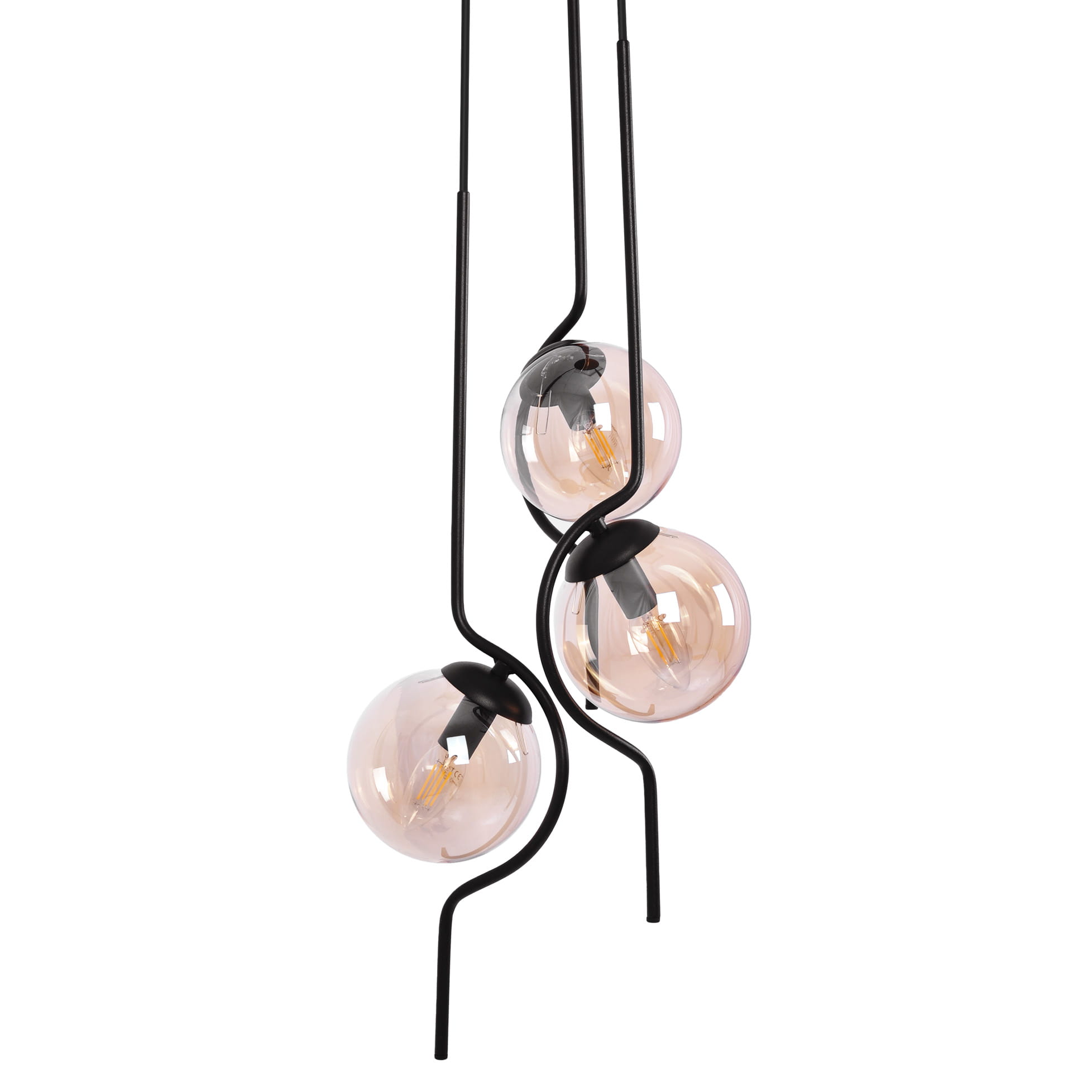 Lampa wisząca Vela z trzema kulistymi kloszami w kolorze bursztynowym, zawieszona na czarnym metalowym stelażu. Klosze mają średnicę około 25 cm, a lampa jest w pozycji wiszącej, ukazując elegancki design.