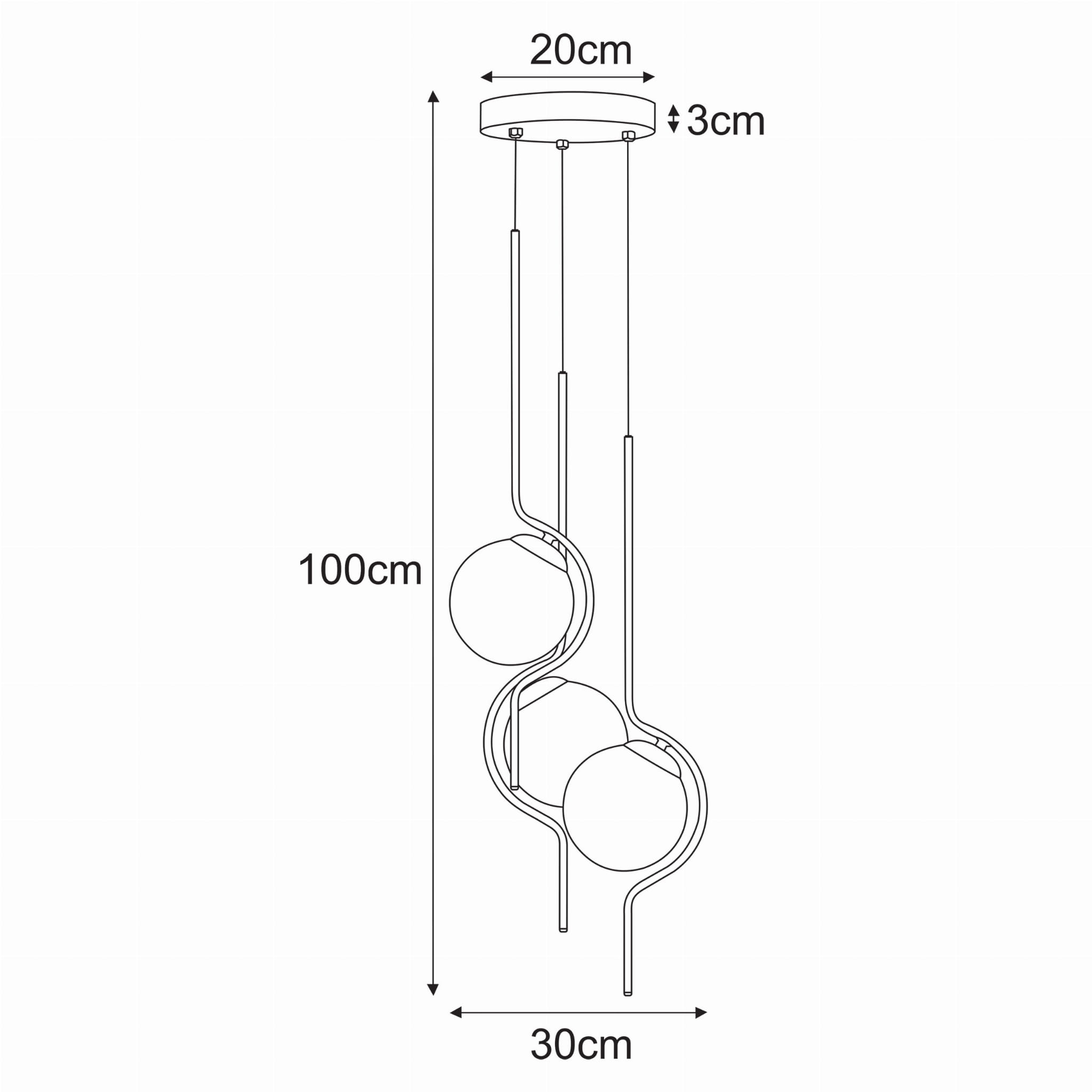 Lampa wisząca Vela 3xE14 w kolorze czarnym z bursztynowymi kloszami. Wymiary: wysokość 100 cm, średnica 30 cm, montaż na suficie. Nowoczesny design z okrągłymi kloszami i minimalistyczną konstrukcją.