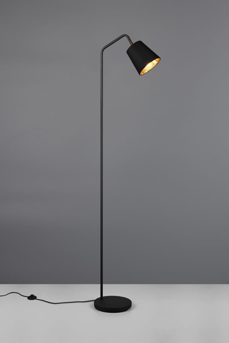 Czarna lampa podłogowa Buddy z metalowym kloszem, stojąca na okrągłej podstawie. Klosz nachylony, z widoczną żarówką E27. Ujęcie frontalne na jednolitym tle, z widocznym przewodem z włącznikiem.