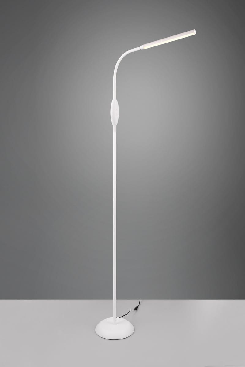 Lampa podłogowa Toro w kolorze białym, z jedną żarówką LED o mocy 5W. Posiada smukłą, prostą konstrukcję z elastycznym ramieniem, które umożliwia regulację kierunku światła. Ustawiona na okrągłej podstawie, z widocznym kablem zasilającym.
