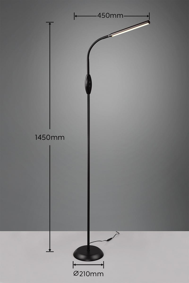 Lampa podłogowa Toro, czarna, 1xLED/5W. Posiada elastyczne ramię o długości 450 mm i wysokości 1450 mm, z okrągłą podstawą o średnicy 210 mm. Ujęcie frontalne na jednolitym tle, widoczne przyciski włączania.