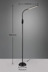 Lampa podłogowa Toro, czarna, 1xLED/5W. Posiada elastyczne ramię o długości 450 mm i wysokości 1450 mm, z okrągłą podstawą o średnicy 210 mm. Ujęcie frontalne na jednolitym tle, widoczne przyciski włączania.