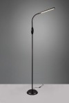 Czarna lampa podłogowa Toro z jedną diodą LED o mocy 5W. Ma smukły, zakrzywiony kształt, z okrągłą podstawą i włącznikiem w centralnej części. Ujęcie frontalne, na jednolitym tle. Idealna do użytku w różnych aranżacjach wnętrz.