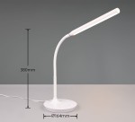 Lampa stołowa Toro w kolorze białym, z elastyczną, zakrzywioną nogą. Wysokość 380 mm, średnica podstawy 164 mm. Posiada wbudowane źródło światła LED o mocy 5W. Ujęcie z boku, na jednolitym tle.