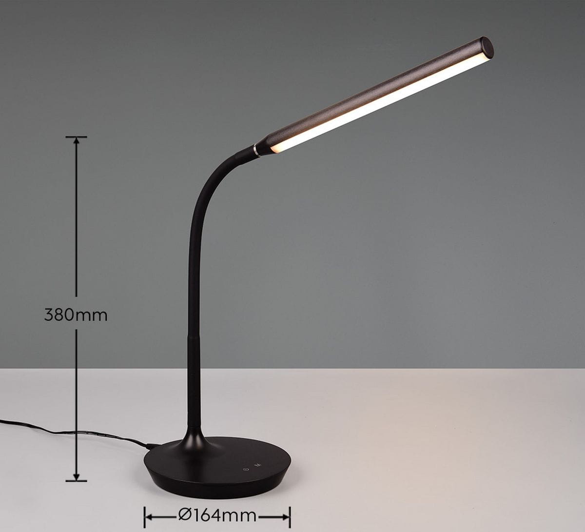 Czarna lampa stołowa Toro z elastycznym ramieniem, wysokość 380 mm, średnica podstawy 164 mm. Zintegrowane oświetlenie LED 5W. Prosty design z dotykowym włącznikiem, idealna do biura lub na stół.