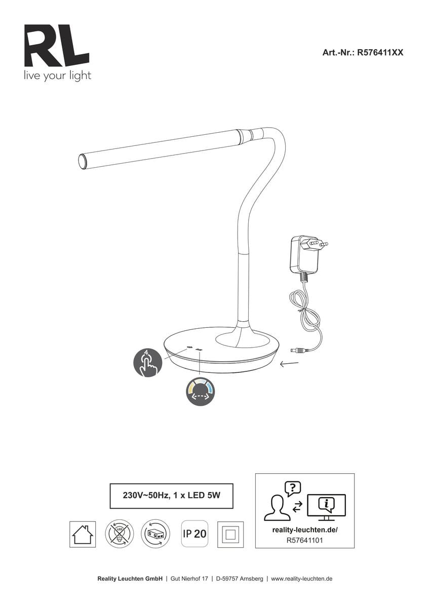 Lampa stołowa Toro w kolorze czarnym, wyposażona w 1 diodę LED o mocy 5W. Okrągła podstawa, smukły, giętki korpus z możliwością regulacji kąta. Widoczny zasilacz z kablem. Prosty, nowoczesny design, idealna do biura lub na biurko.