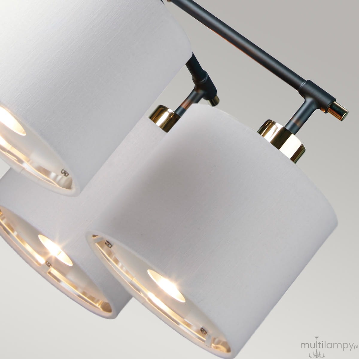 Lampa wisząca Balance z pięcioma kloszami E27 w kolorze białym i czarnym. Klosze wykonane z materiału tekstylnego, z elementami metalowymi w kolorze złotym. Ujęcie z bliska, pokazujące szczegóły kloszy i mocowania.
