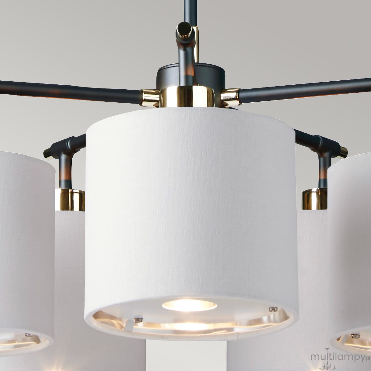 Lampa wisząca Balance z pięcioma kloszami w kolorze białym, wykonana z materiału tekstylnego, z metalowymi detalami w kolorze czarnym i złotym. Widoczny jest mechanizm montażowy oraz oprawki E27. Klosze mają cylindryczny kształt.