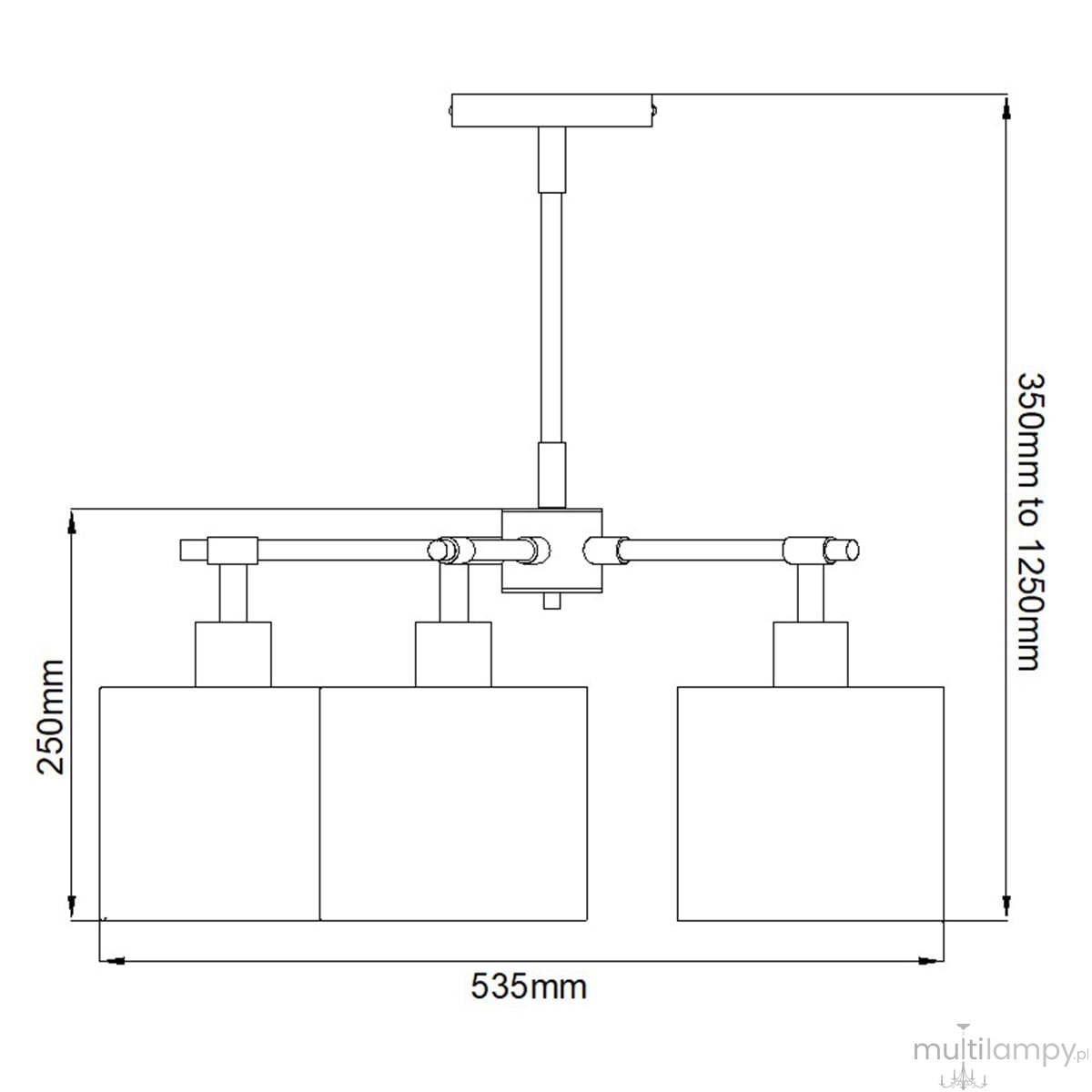 Lampa wisząca Balance z pięcioma oprawami E27 w kolorze białym i czarnym, z regulowaną wysokością od 350 mm do 1250 mm. Kąt ujęcia frontalny, ukazujący szczegóły konstrukcji i wymiary: 250 mm wysokości i 535 mm szerokości.