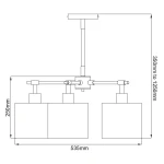 Lampa wisząca Balance z pięcioma oprawami E27 w kolorze białym i czarnym, z regulowaną wysokością od 350 mm do 1250 mm. Kąt ujęcia frontalny, ukazujący szczegóły konstrukcji i wymiary: 250 mm wysokości i 535 mm szerokości.