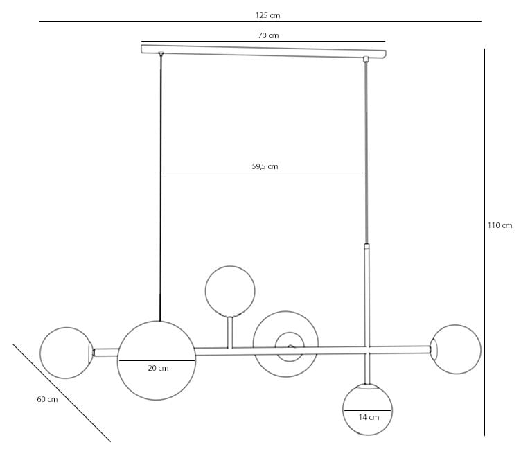 Lampa wisząca Dione, 6-punktowa, biała. Składa się z prostokątnej listwy o szerokości 70 cm i długości 125 cm, z sześcioma okrągłymi kloszami w różnych rozmiarach (14 cm, 20 cm). Długość zwisu wynosi 110 cm, a odległość między kloszami wynosi 59,5 cm.