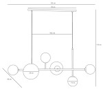 Lampa wisząca Dione, 6-punktowa, biała. Składa się z prostokątnej listwy o szerokości 70 cm i długości 125 cm, z sześcioma okrągłymi kloszami w różnych rozmiarach (14 cm, 20 cm). Długość zwisu wynosi 110 cm, a odległość między kloszami wynosi 59,5 cm.