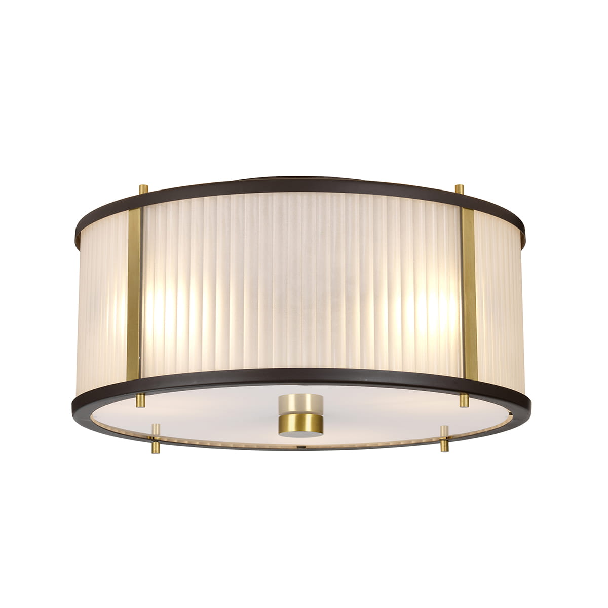 Lampa wisząca Corona z trzema gniazdami E27, w starym brązie. Okrągła, z białym, żebrowanym kloszem i złotymi detalami. Zawieszona w pozycji poziomej, widok z góry. Idealna do nowoczesnych wnętrz.