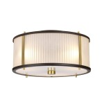 Lampa wisząca Corona z trzema gniazdami E27, w starym brązie. Okrągła, z białym, żebrowanym kloszem i złotymi detalami. Zawieszona w pozycji poziomej, widok z góry. Idealna do nowoczesnych wnętrz.