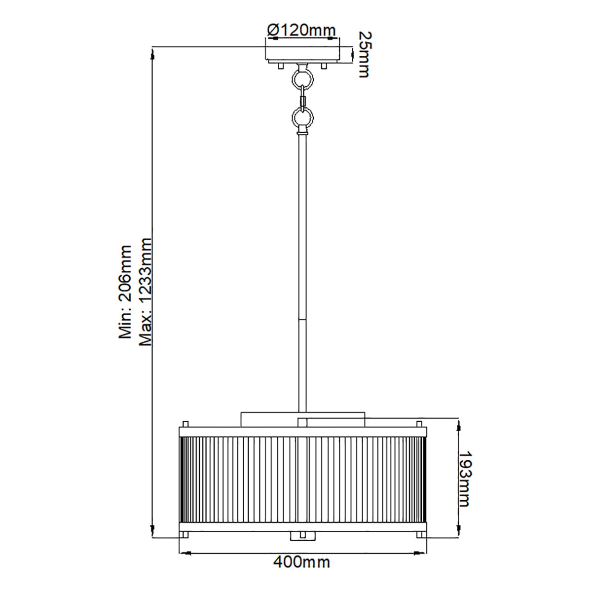 Lampa wisząca Corona w kolorze starym brązie, z trzema miejscami na żarówki E27. Okrągła podsufitka o średnicy 120 mm, długość zawieszenia regulowana od 206 mm do 1233 mm. Szerokość klosza wynosi 400 mm, wysokość 193 mm.