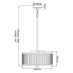 Lampa wisząca Corona w kolorze starym brązie, z trzema miejscami na żarówki E27. Okrągła podsufitka o średnicy 120 mm, długość zawieszenia regulowana od 206 mm do 1233 mm. Szerokość klosza wynosi 400 mm, wysokość 193 mm.