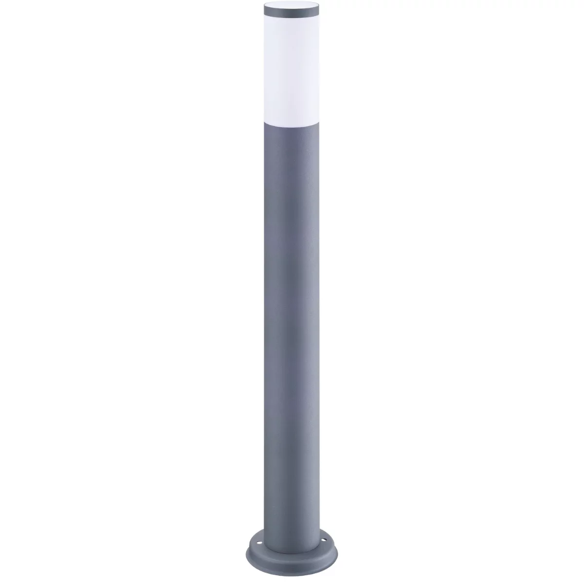 Okrągła lampa stojąca Oslo H100 w kolorze szarym, z matowym wykończeniem. Posiada cylindryczny kształt z białym kloszem u góry. Ujęcie frontalne, lampa ustawiona pionowo na stabilnej podstawie. Idealna do oświetlenia ogrodu.