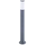 Okrągła lampa stojąca Oslo H100 w kolorze szarym, z matowym wykończeniem. Posiada cylindryczny kształt z białym kloszem u góry. Ujęcie frontalne, lampa ustawiona pionowo na stabilnej podstawie. Idealna do oświetlenia ogrodu.