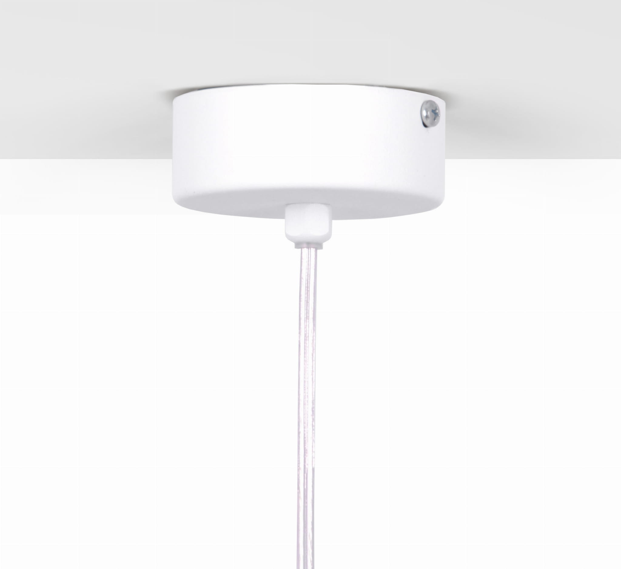 Biała podsufitka lampy wiszącej Alma z dwiema oprawami E14, z przezroczystym przewodem. Widoczny detal mocowania do sufitu, zamocowany pod kątem, na jednolitym tle.