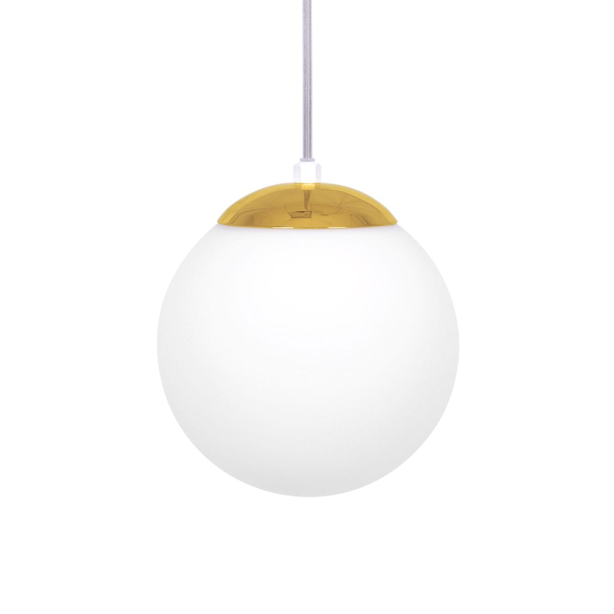 Lampa wisząca Elmo D16 z kulistym kloszem w kolorze białym i złotą górą. Ujęcie frontalne, zawieszona na cienkim kablu. Wymiary klosza są średnie, a jego matowa powierzchnia kontrastuje z błyszczącym wykończeniem.
