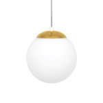 Lampa wisząca Elmo D16 z kulistym kloszem w kolorze białym i złotą górą. Ujęcie frontalne, zawieszona na cienkim kablu. Wymiary klosza są średnie, a jego matowa powierzchnia kontrastuje z błyszczącym wykończeniem.