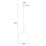Lampa wisząca Elmo D30 w kolorze białym i złotym, z oprawą na jedną żarówkę E14. Okrągła kula o średnicy 30 cm, zawieszona na wysokości 90 cm. Elementy mocujące o średnicy 8 cm i wysokości 3 cm.