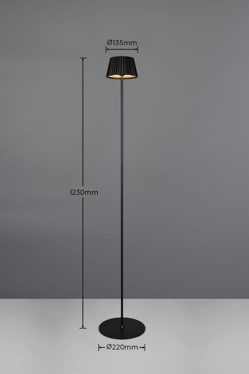Lampa stojąca zewnętrzna Suarez w kolorze czarnym, z kloszem o średnicy 135 mm i wysokości 1230 mm. Posiada prostą, okrągłą podstawę o średnicy 220 mm. Zastosowanie jednego źródła światła LED o mocy 1,5W.